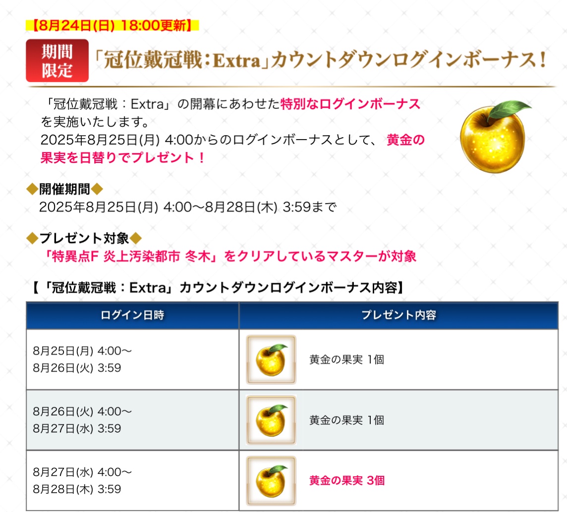 【FGO】「冠位戴冠戦:Extra」直前キャンペーン開催!黄金の果実5個&ピュアプリズム30個を配布 6 SFjzLiT